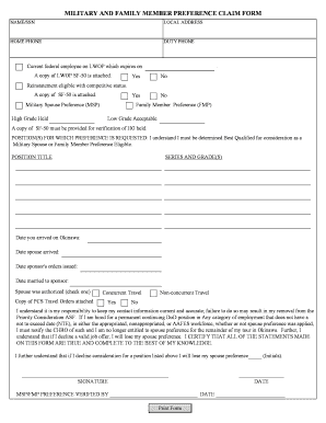 MILITARY and FAMILY MEMBER PREFERENCE CLAIM FORM