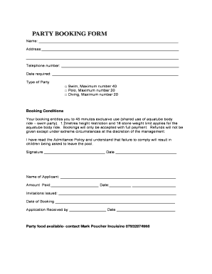 Pool Party Booking Form PDF