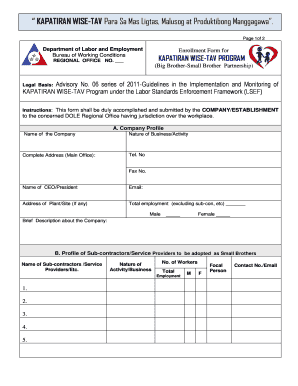 Enrollment Form for KAPATIRAN WISE TAV Program Bureau of