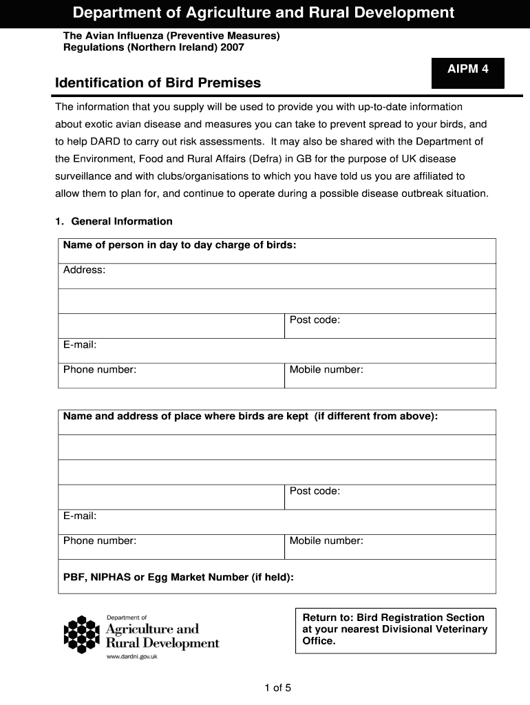 Bird Registration Form Department of Agriculture and Rural