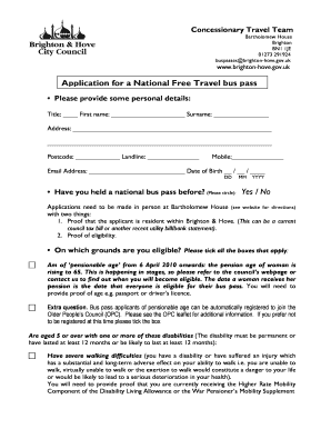 Brighton and Hove Concessionary Bus Pass  Form