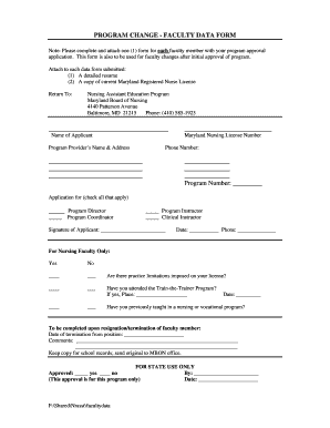 Program Change Faculty Data Form Maryland Board of Nursing Mbon