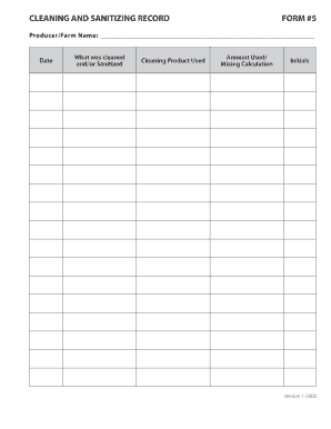 CLEANING and SANITIZING RECORD FORM #5 ProducerFarm Name Date What Was Cleaned Andor Sanitized Cleaning Product Used Amount Used