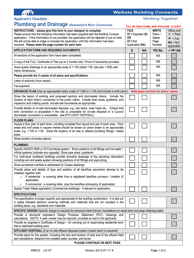 Applicants Checklist Plumbing and Drainage Residential &amp;amp  Form