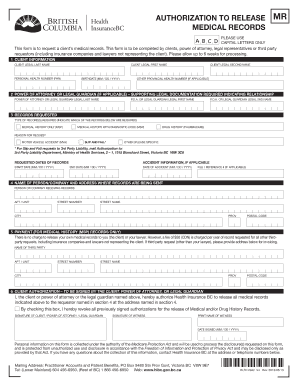 Authorization to Release Medical Records Ministry of Health Health Gov Bc  Form