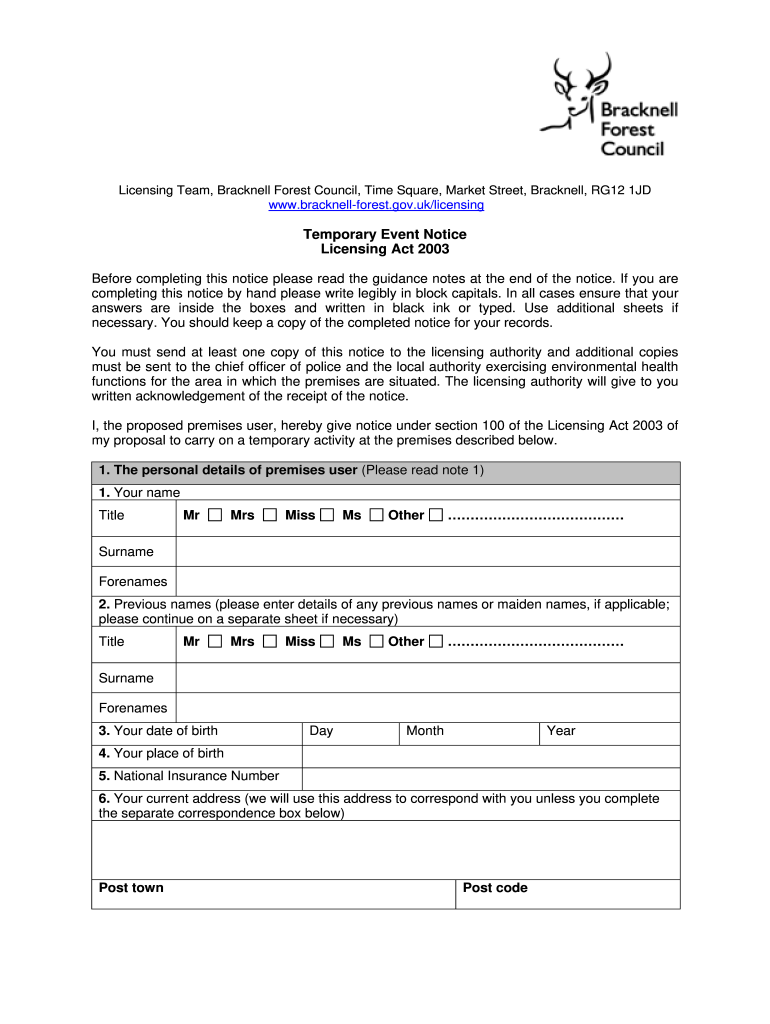 Licensing  Temporary Event Notice  Bracknell Forest Council  Bracknell Forest Gov  Form
