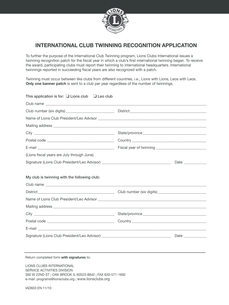 Get and Sign International Club Twinning Recognition Application Twinform PDF Lionsclubs 2010-2022