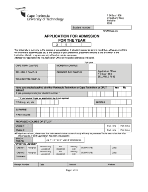 Aansoekvorm Cape Peninsula University of Technology Form