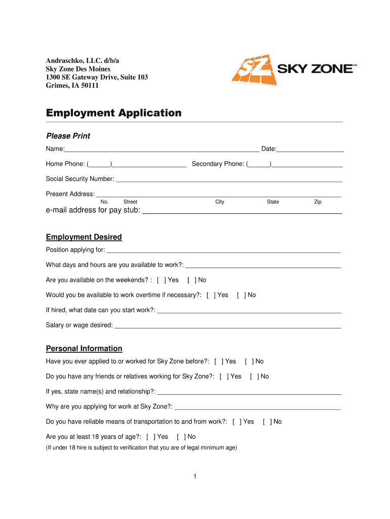 Sky Zone Application  Form
