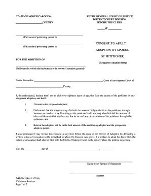 DSS 5165 Consent to Adult Adoption by Spouse of Petitioner Info Dhhs State Nc  Form