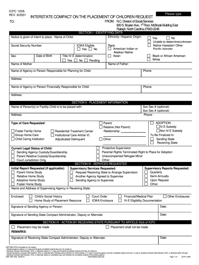 DSS 1837 Interstate Compact on the Placement of Children Request ICPC 100A Info Dhhs State Nc  Form