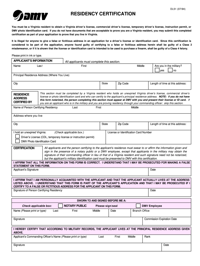  RESIDENCY CERTIFICATION  Dmv State Va 1994-2024