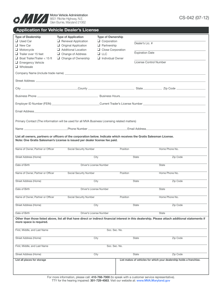 Wholesale Dealer License Maryland  Form