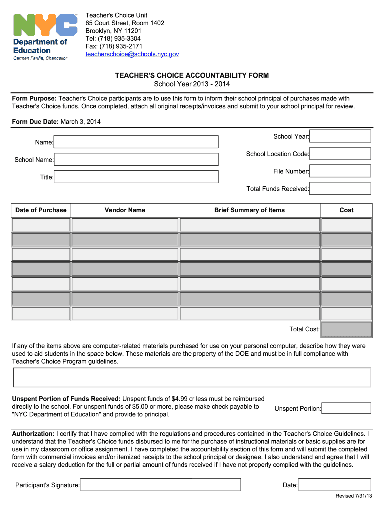 Teachers Choice Form