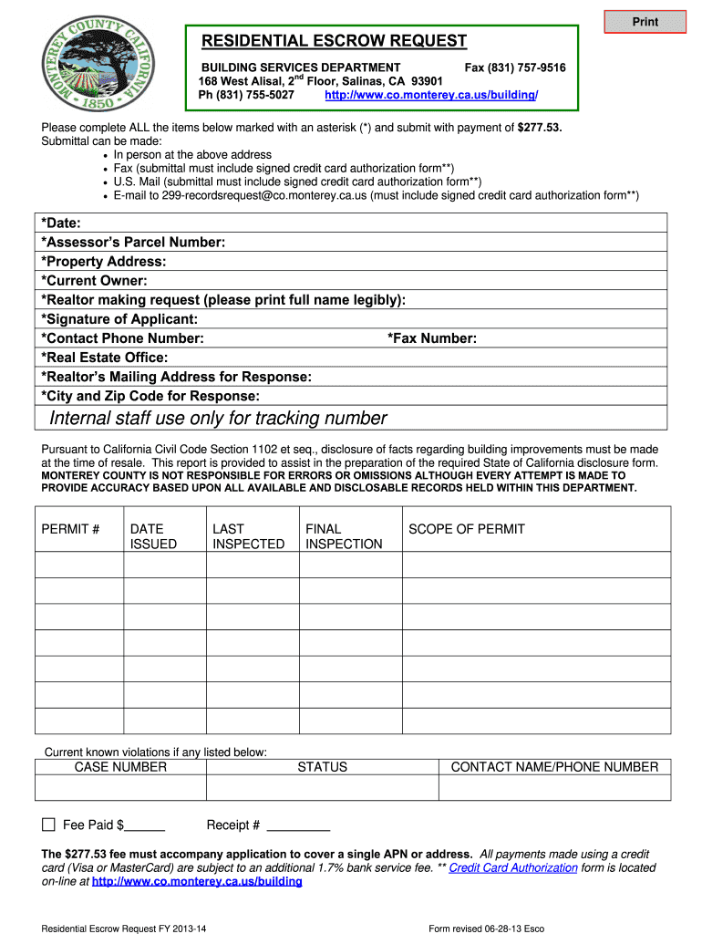 Monterey Residential Escrow Report Form