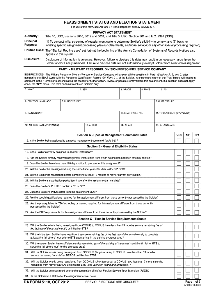 Da Form 5118