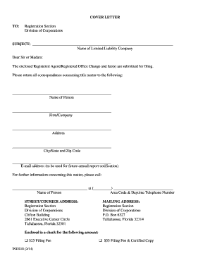 Get and Sign COVER LETTER  Division of Corporations  Form Sunbiz 2014-2022