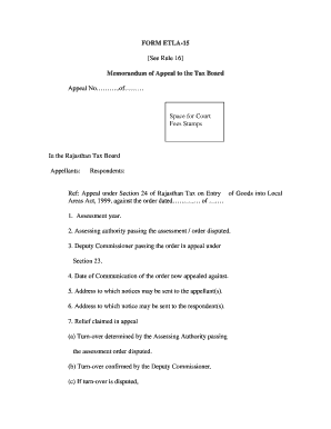 FORM ETLA 15 See Rule 16 Memorandum of Appeal to the Tax Board Appeal No Rajtax Gov