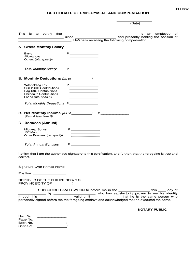 Certificate of Employment with Compensation  Form