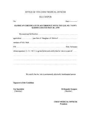 Handicapped Certificate in Accordance with the G O No 7 4 1971  Form