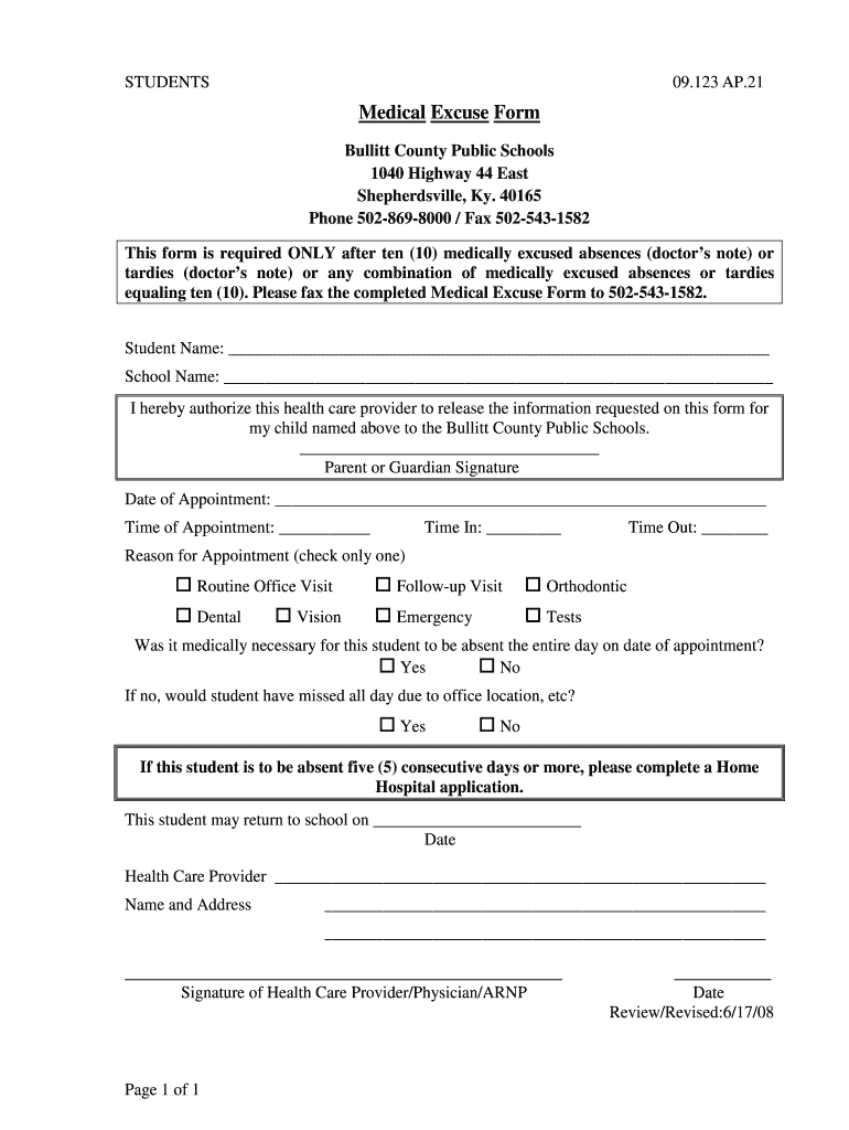  Medical Excuse Form Yes No Yes No  Bullitt County Public Schools  Bullittschools 2008