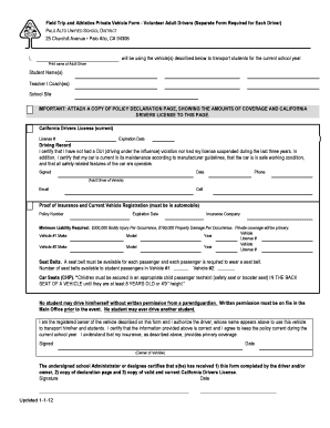 Field Trip Private Vehicle Form Palo Alto Unified School District Pausd