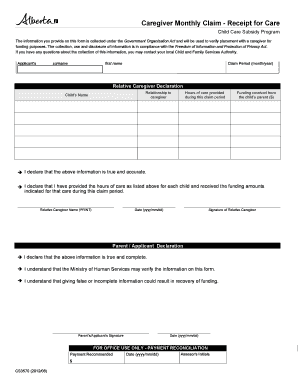 CS 3570 Caregiver Monthly Claim Receipt for Care Kin Child Care Funding  Form