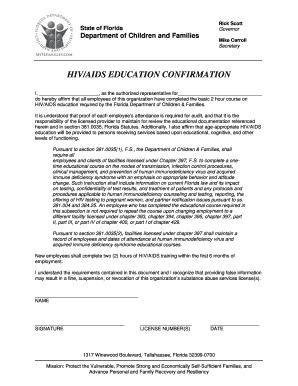 Hivaids Education Confirmation Florida Department of Children and Dcf State Fl  Form