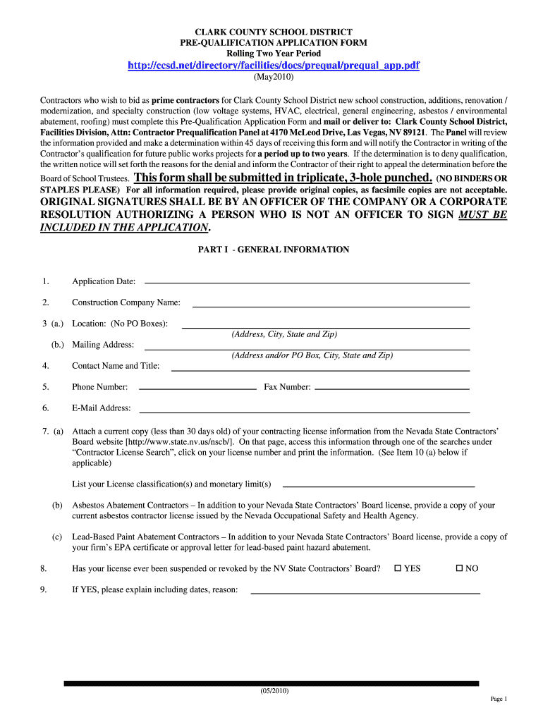  Pre Qualification Application  Clark County School District 2010-2024