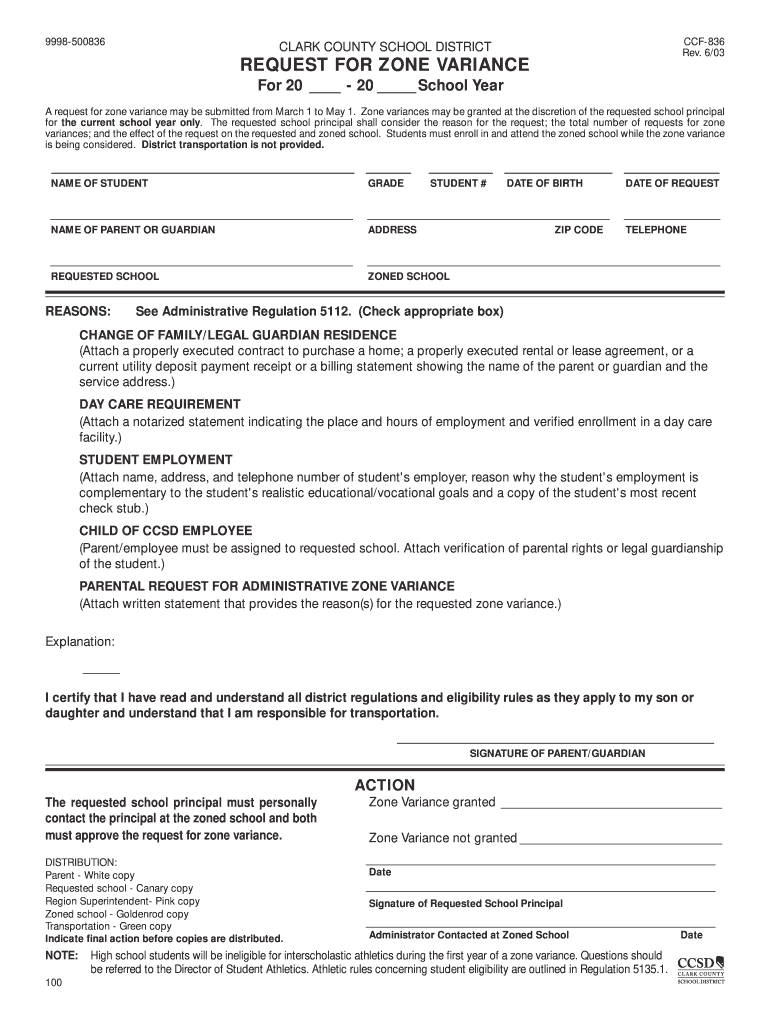  School Zone Variance Letter Form 2003