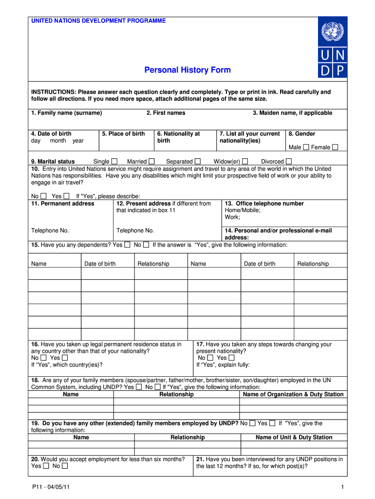  Personal History Form Template 2011-2024
