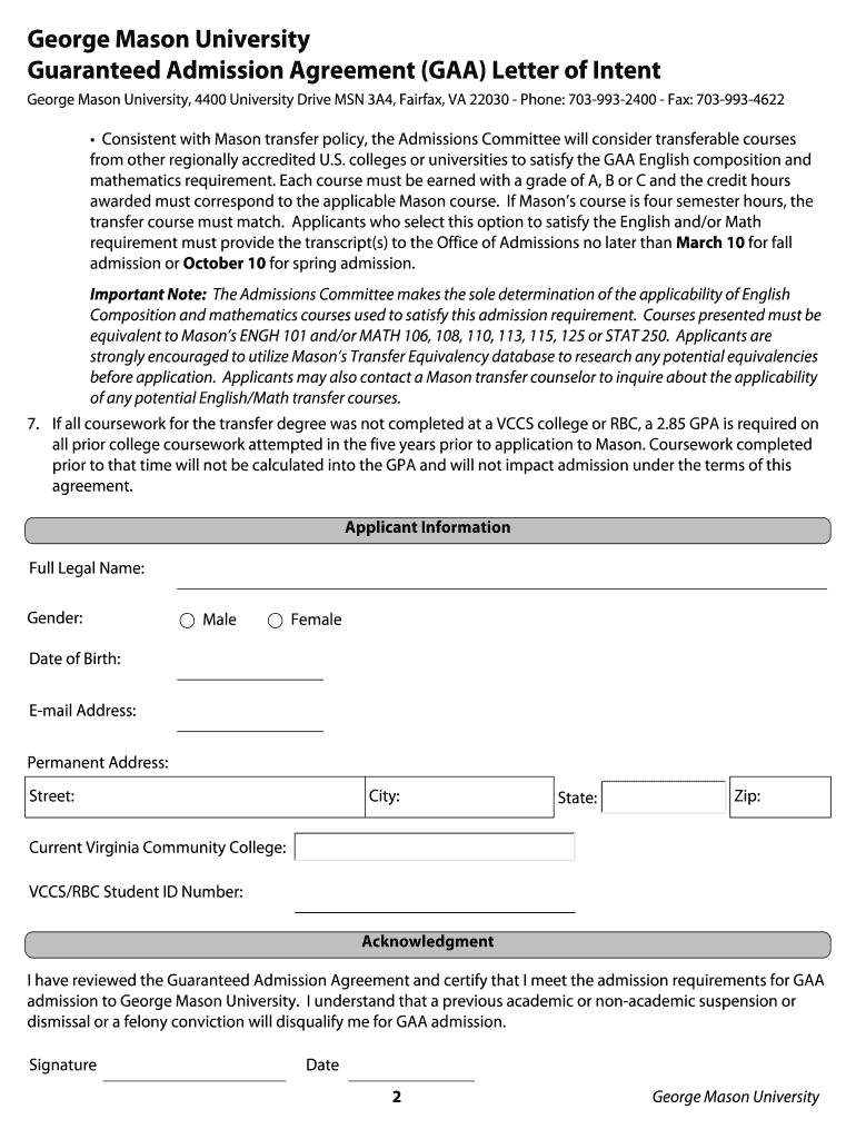 Gaa Letter of Intent  Form