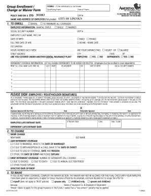 Ameritas Dental Group EnrollmentChange or Waiver Form Lincoln Ne