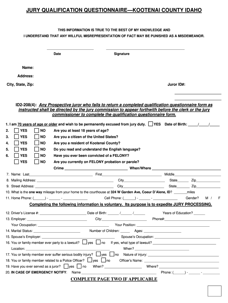 Jury Kootenai County  Form