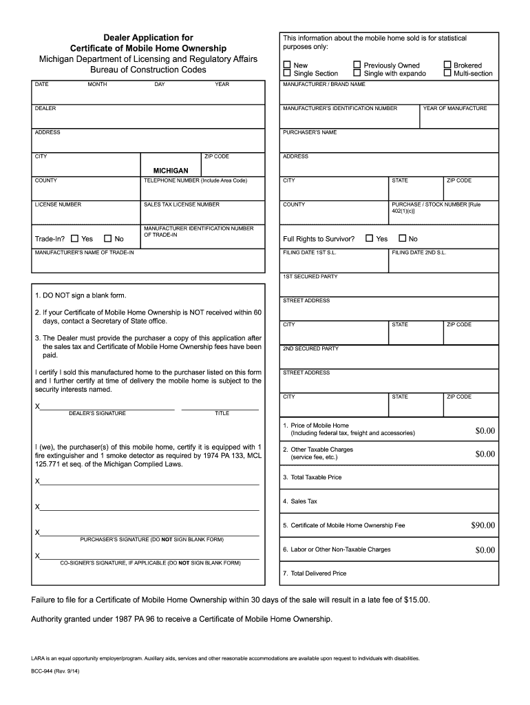  Retailer Application for Certificate of State of Michigan Mi 2014