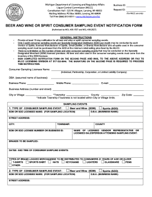 Beer and Wine or Spirit Consumer Sampling Event Notification Form Mi