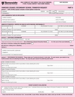 Tameside School Transfer  Form