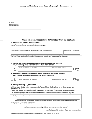 Antrag Auf Erteilung Einer Bescheinigung in Steuersachen PDF  Form