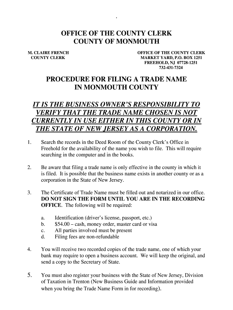Busines Regerstration under Asumed Name in Monmouth County New Jersey Form