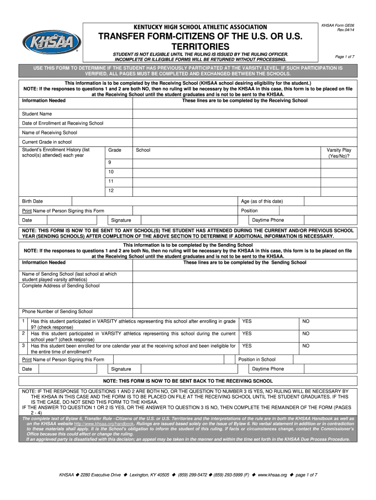  Khsaa Transfer Form 2014-2024