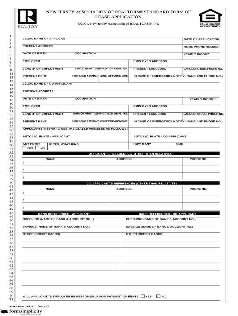 New Jersey Association of Realtors Standard Form of Lease Application