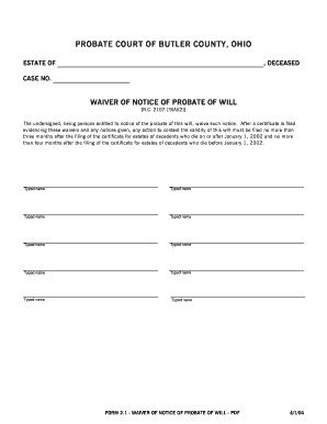 021 Waiver of Notice of Probate of Will Butler County Probate Court Butlercountyprobatecourt  Form