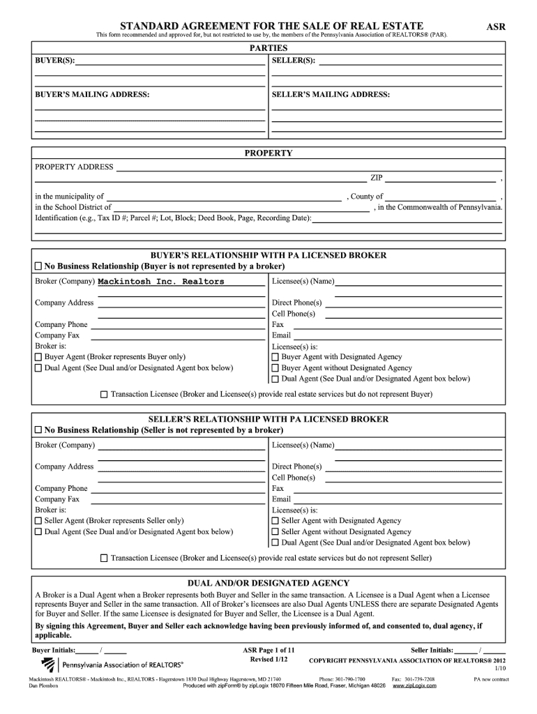  Standard Agreement for the Sale of Real Estate 2012-2024