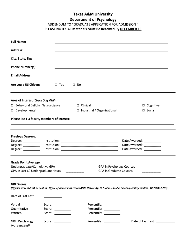 Psychology Department Required Addendum PDF Form Psychology Tamu