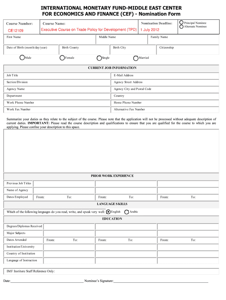 International Monetary Fund Middle East Center for Economics and Finance Nomination Form 2012-2024