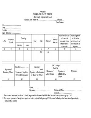 FORM 14 TOOLS and PLANT INDENT Referred to in Paragraph