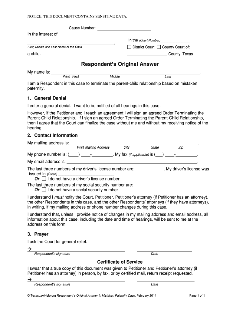 Respondent's Original Answer Fill Out and Sign Printable PDF Template