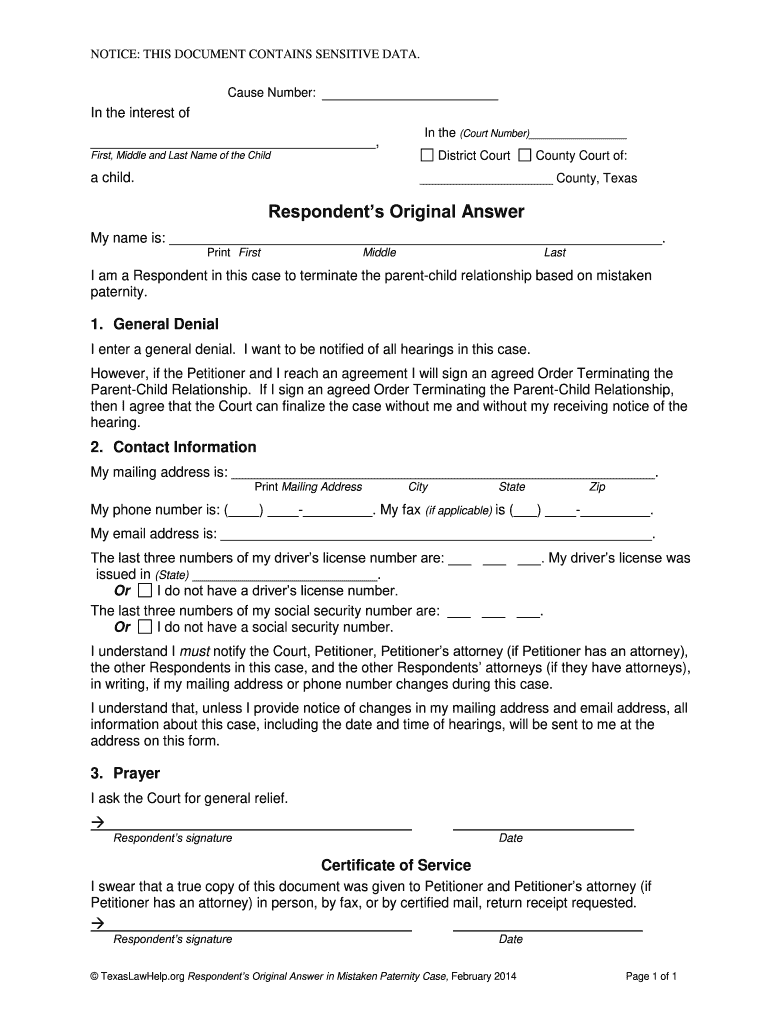 Respondent's Original Answer Fillable Form