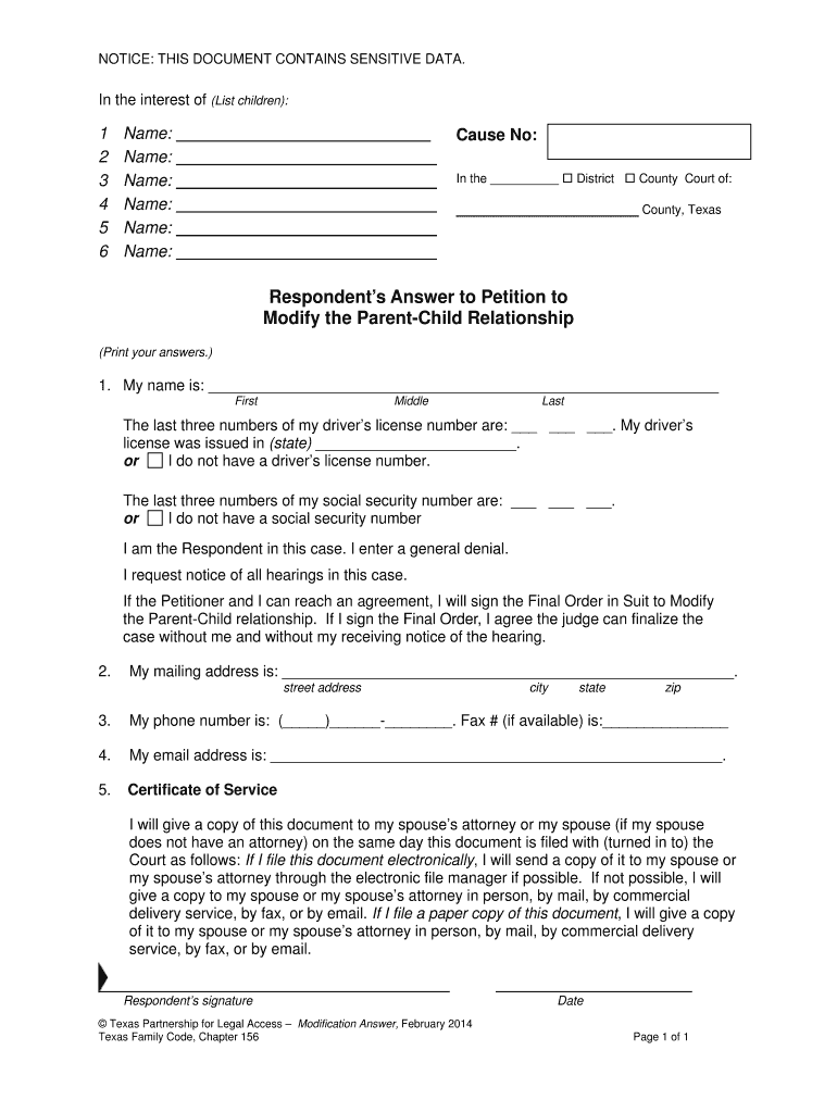 Child Support Petition Answer Template  Form