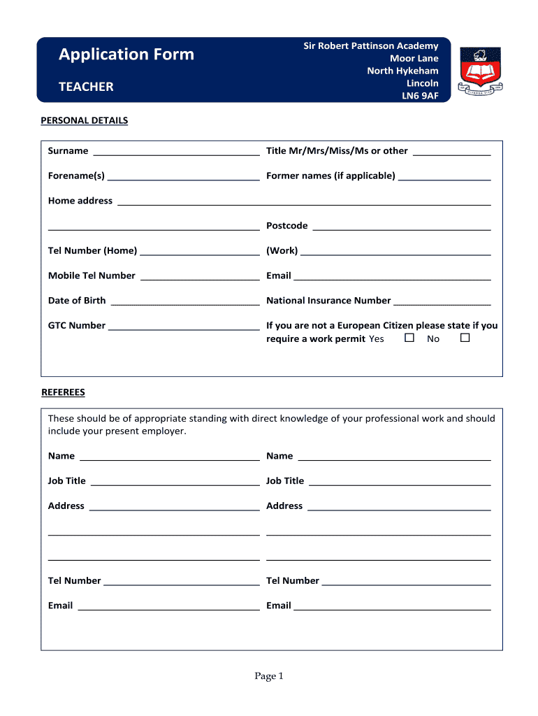 Teacher Details Form PDF